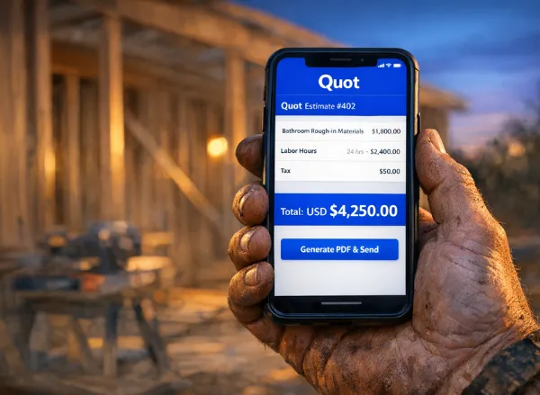 Contractor using Quot app on construction site at sunset